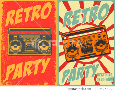 Retro party. Poster template with retro style boombox. Design element for banner, sign, flyer. Vector illustration 119426809