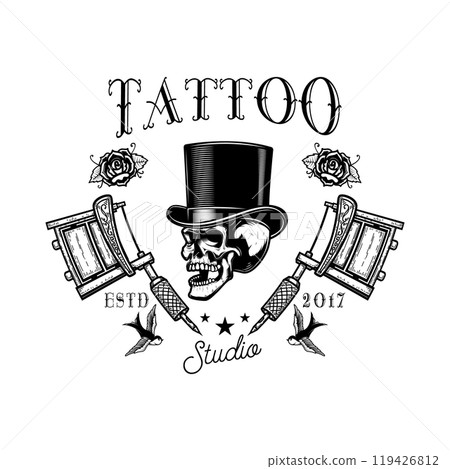 Tattoo studio emblem template. Crossed tattoo machine, skull, roses. Design element for logo, label, sign, poster, t shirt. Vector illustration 119426812
