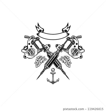 Tattoo studio emblem template. Crossed tattoo machine, roses, swallows. Design element for logo, label, sign, poster, t shirt. Vector illustration 119426815