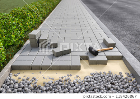 Rectangular concrete bricks on sidewalk Rectangular concrete bricks on sidewalk 119426867