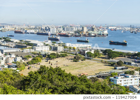 Overlooking the port of Kaohsiung and Hamasen Railway Cultural Park in Kaohsiung, Taiwan. 119427004