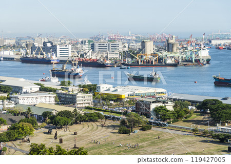 Overlooking the port of Kaohsiung and Hamasen Railway Cultural Park in Kaohsiung, Taiwan. 119427005
