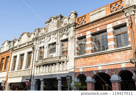 Building view of the Sanxia Old Street building in New Taipei City, Taiwan. The street is the baroque-style architecture built during Japanese rule.  119427011