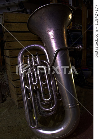 Old tuba in a shed Old tuba in a shed 119427177