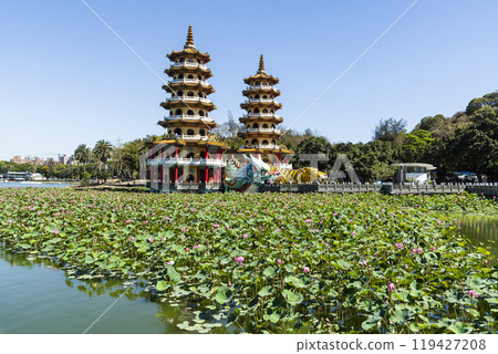 View of the lotus in bloom at the Dragon and Tiger Pagoda in Lotus Pond, Kaohsiung, Taiwan. 119427208