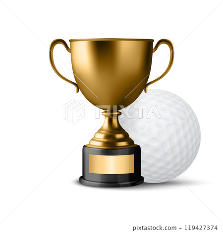 Vector 3D Realistic Yellow Golden Champion Cup and Golf Ball Set. Metal Trophy Design Template for Sports Championship. Trophy and Golf Ball, Front View. Vector Illustration for Sports Concepts Vector 3D Realistic Yellow Golden Champion Cup and Golf Ball Set. Metal Trophy Design Template for Sports Championship. Trophy and Golf Ball, Front View. Vector Illustration for Sports Concepts 119427374