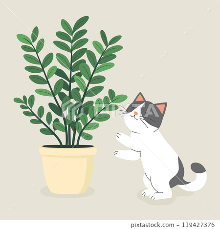 Cute Cartoon Flat Vector Cat Reaching for a Potted Zamioculcas Plant. Vector Illustration for Plant Lovers. Adorable Pet Kitten Home Life Design Template 119427376