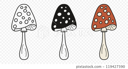 Flat Vector Hand Drawn Cartoon Fly Agaric Mushrooms Outline Illustration. Amanita Muscaria, Fly Agaric Illustration, Mushrooms. Magic Mushroom Icons, Design Template 119427390