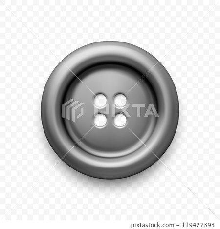 Grey Metal Clothes Button with Four Holes, Isolated. Round Button Closeup, Front View. Design Template for Sewing, Fashion, Clothing Concept. Detailed Button Illustration for Craft Projects 119427393