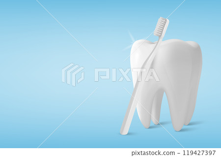 Vector 3D Realistic Tooth with Toothbrush. Tooth Cleaning, Dental Care, Hygiene. Tooth Illustration for Dental Care, Health, Oral Care Concept. Vector Tooth and Toothbrush Design 119427397