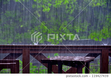 Images of heavy rain and sudden thunderstorms: Wooden deck and garden furniture being hit by heavy rain (1) Images of heavy rain and sudden thunderstorms: Wooden deck and garden furniture being hit by heavy rain (1) 119427439