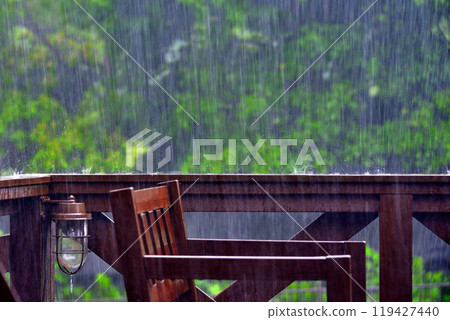 Images of heavy rain and sudden thunderstorms: Wooden deck and garden furniture being hit by heavy rain (2) Images of heavy rain and sudden thunderstorms: Wooden deck and garden furniture being hit by heavy rain (2) 119427440