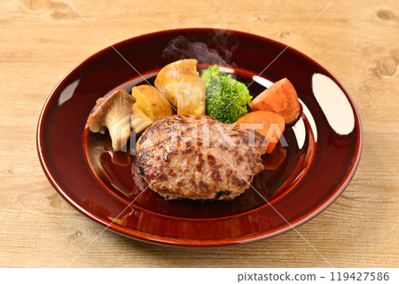 註）蒸氣是合成的。充滿多汁肉的漢堡牛排。配菜包括王王蘑菇、馬鈴薯、綠花椰菜和胡蘿蔔。 119427586