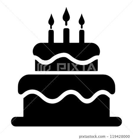 A simple silhouette illustration of a birthday cake with candles on it, cut out on a transparent background 119428000