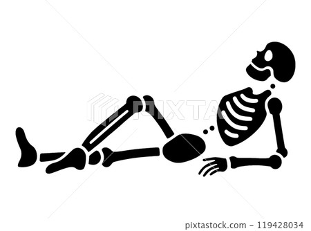 Silhouette illustration of a skeleton lying down in a sloppy pose, cut out on a transparent background 119428034