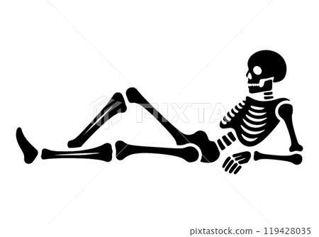 Silhouette illustration of a skeleton lying down in a sloppy pose, cut out on a transparent background Silhouette illustration of a skeleton lying down in a sloppy pose, cut out on a transparent background 119428035