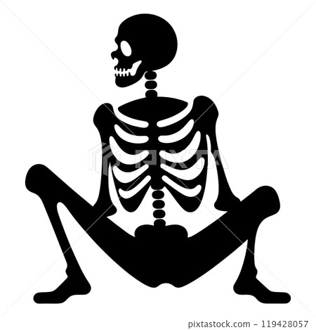 Silhouette illustration of a skeleton sitting in a sloppy pose, cut out on a transparent background 119428057