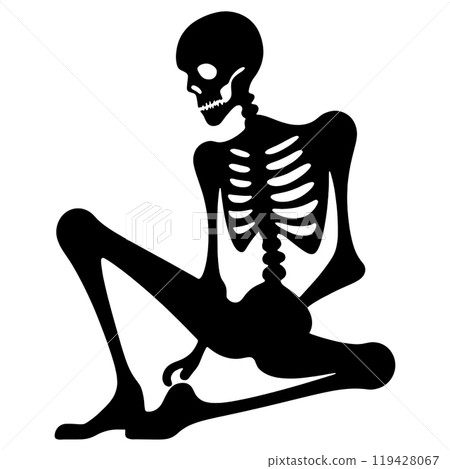 Silhouette illustration of a skeleton sitting in a sloppy pose, cut out on a transparent background 119428067