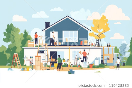 Colorful illustration of people renovating a two-story house, painting, repairing, and landscaping, depicting DIY home improvement and teamwork 119428283