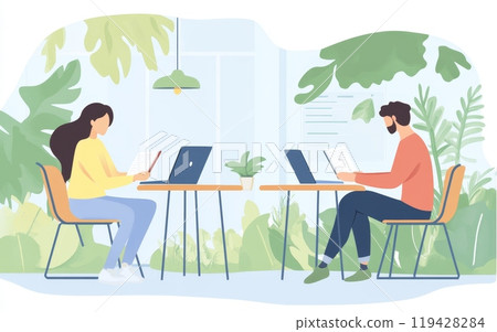 Two people working on laptops in a bright, plant-filled coworking space, showcasing modern eco-friendly office design and remote work lifestyle 119428284