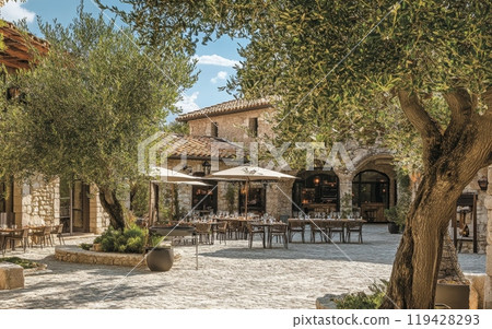 Charming outdoor dining area of a stone-built Mediterranean restaurant, surrounded by ancient olive trees, featuring tables set for alfresco meals under warm sunlight 119428293