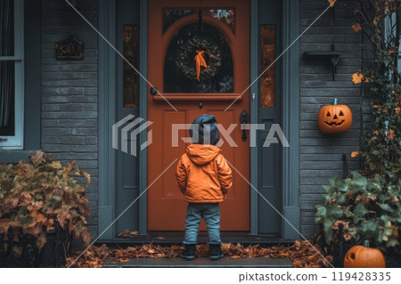 Child in orange jacket standing at Halloween-decorated front door with pumpkins and autumn leaves, creating a festive autumn scene 119428335