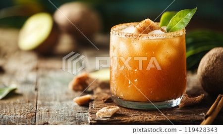 A vibrant Antiguan Rum Punch topped with fresh nutmeg, showcasing a refreshing tropical cocktail experience 119428343