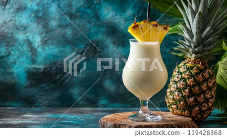 Classic Puerto Rican Pina Colada in a glass with pineapple garnish, capturing the essence of tropical indulgence. 119428368