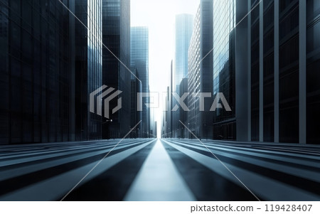 Striking minimalist cityscape with towering glass skyscrapers, creating a geometric urban landscape bathed in soft light 119428407