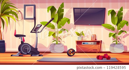 Home sport and fitness gym interior cartoon vector Home sport and fitness gym interior cartoon vector 119428595