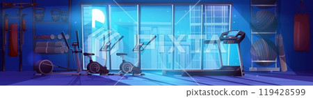 Night fitness gym room interior for sport workout Night fitness gym room interior for sport workout 119428599