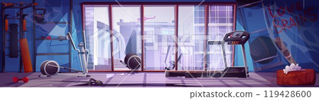 Abandoned broken gym with smashed sports equipment Abandoned broken gym with smashed sports equipment 119428600