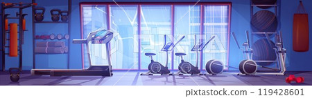 Cartoon gym with equipment, rainy cityscape view 119428601