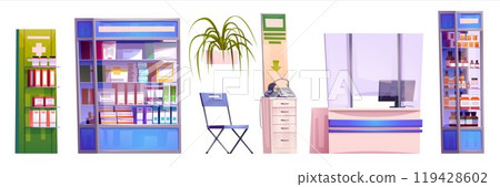 Medical pharmacy counter store interior vector Medical pharmacy counter store interior vector 119428602