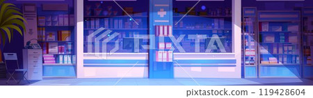 Night pharmacy store with counter and spotlight 119428604