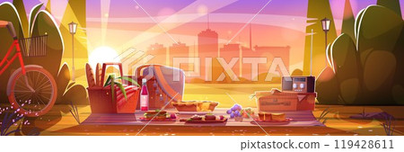 Retro picnic in city park at sunset Retro picnic in city park at sunset 119428611