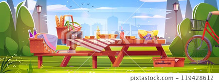 Retro picnic on wooden table in morning city park 119428612