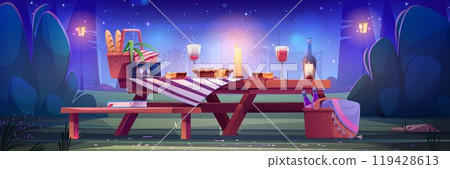 Picnic basket in night city park with table vector 119428613