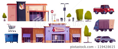 Supermarket building with car parking exterior set 119428615