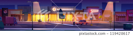 Night supermarket and autos on parking lot Night supermarket and autos on parking lot 119428617