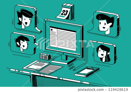 Isometric website design of laptop and online chat 119428619