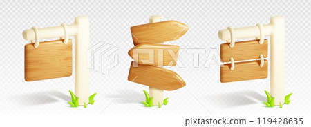 Set of 3D wooden signboards on poles 119428635