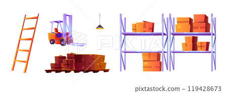 Warehouse interior with box and pallete vector Warehouse interior with box and pallete vector 119428673