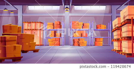 Warehouse shelves with cardboard and wooden boxes Warehouse shelves with cardboard and wooden boxes 119428674