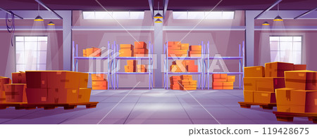 Logistic warehouse interior with box and pallet Logistic warehouse interior with box and pallet 119428675