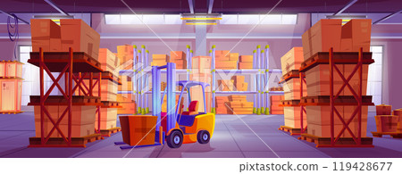 Warehouse interior with boxes, shelves, forklift Warehouse interior with boxes, shelves, forklift 119428677