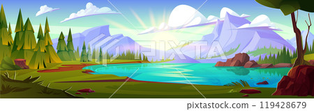 Natural cartoon landscape with mountains and lake 119428679