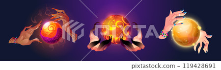 Magic energy balls in witch hands set Magic energy balls in witch hands set 119428691
