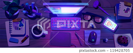 Top view of designer workspace at night 119428705