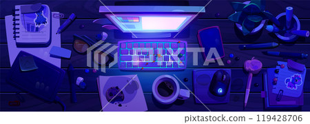 Top view of wooden messy work table at night. 119428706